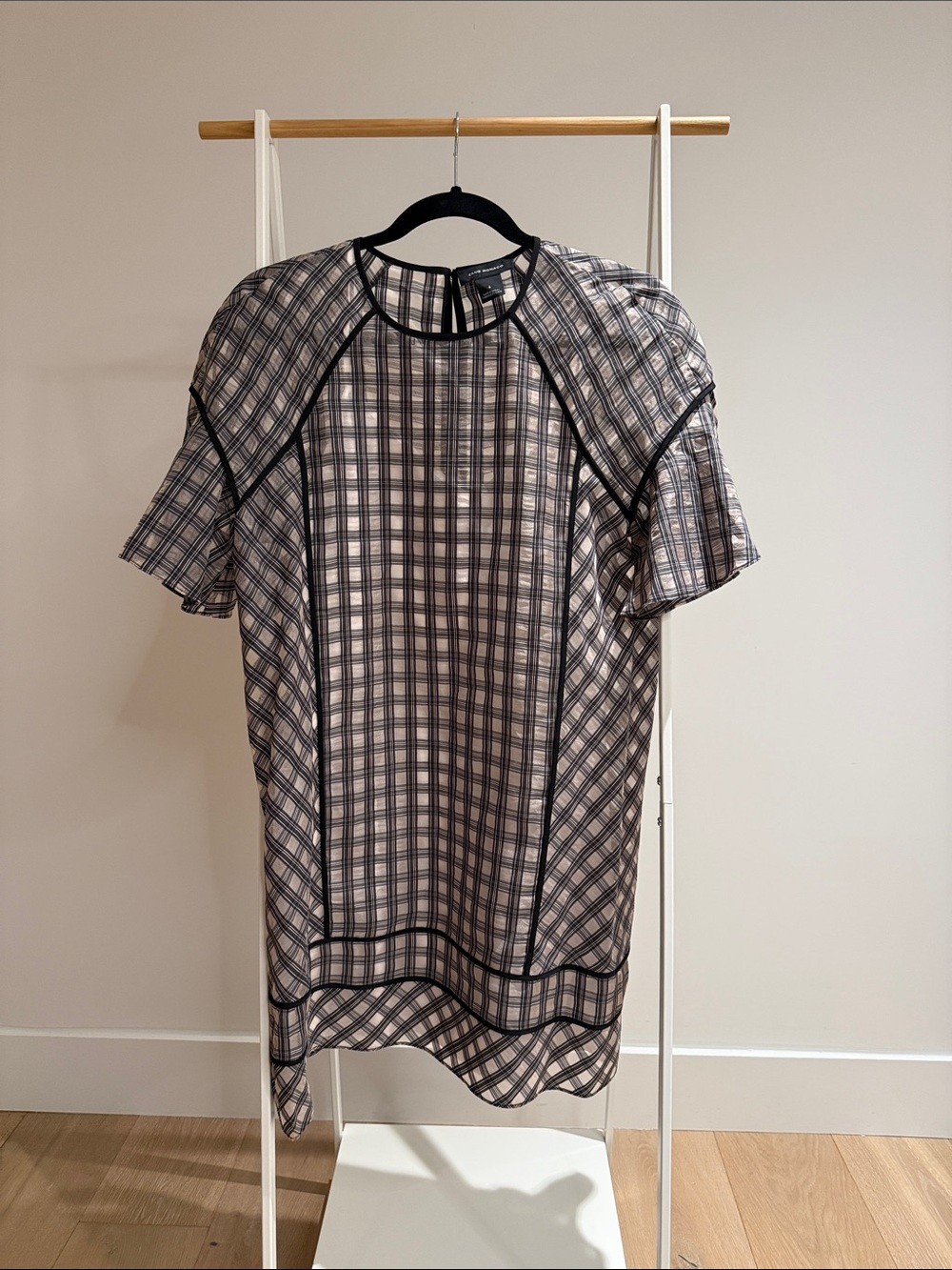 Club Monaco Black and White Plaid Short Sleeve Tee with Contrast Trim